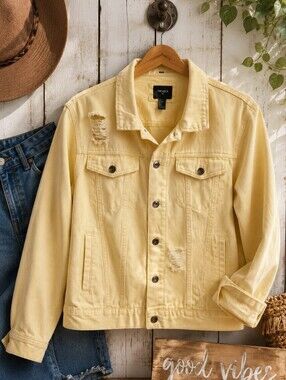 Forever 21 Men’s Size Large: Butter Yellow Distressed Denim Trucker Jacket